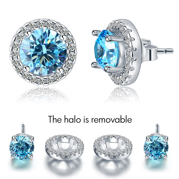 2.5 Carat Round Blue Halo (Removable) Stud 925 Sterling Silver Earrings Jewelry