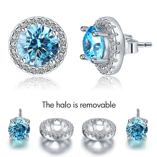 2.5 Carat Round Blue Halo (Removable) Stud 925 Sterling Silver Earrings Jewelry