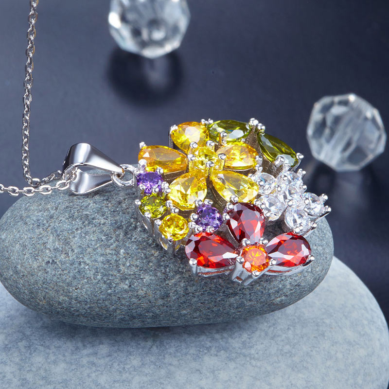 3.5 Carat Multi-Color Created Topaz Flower 925 Sterling Silver Pendant Necklace