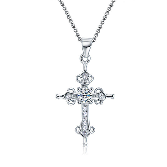 925 Sterling Silver Cross Pendant Necklace Round Cut Created Diamond
