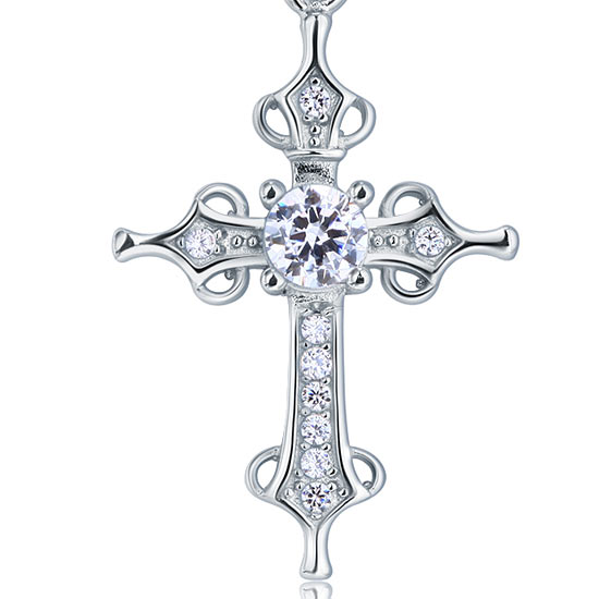 925 Sterling Silver Cross Pendant Necklace Round Cut Created Diamond