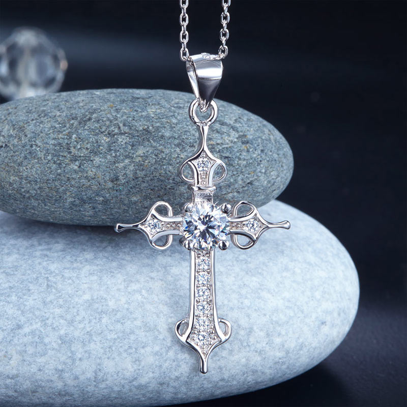 925 Sterling Silver Cross Pendant Necklace Round Cut Created Diamond