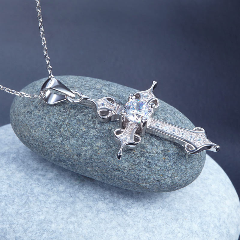 925 Sterling Silver Cross Pendant Necklace Round Cut Created Diamond