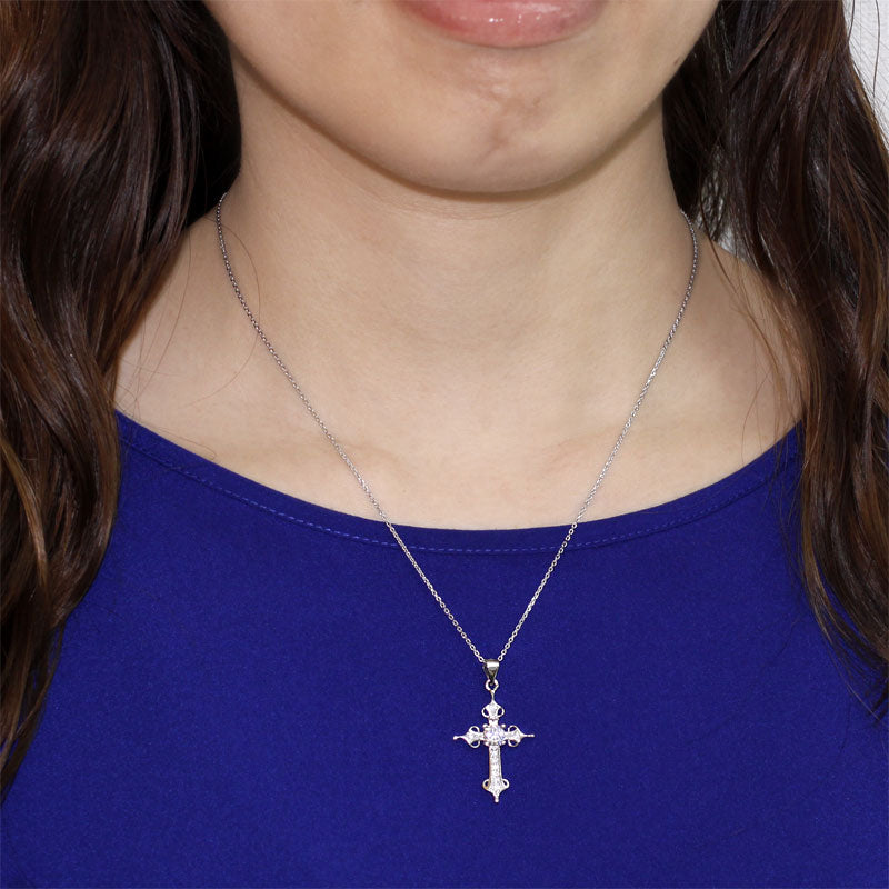 925 Sterling Silver Cross Pendant Necklace Round Cut Created Diamond