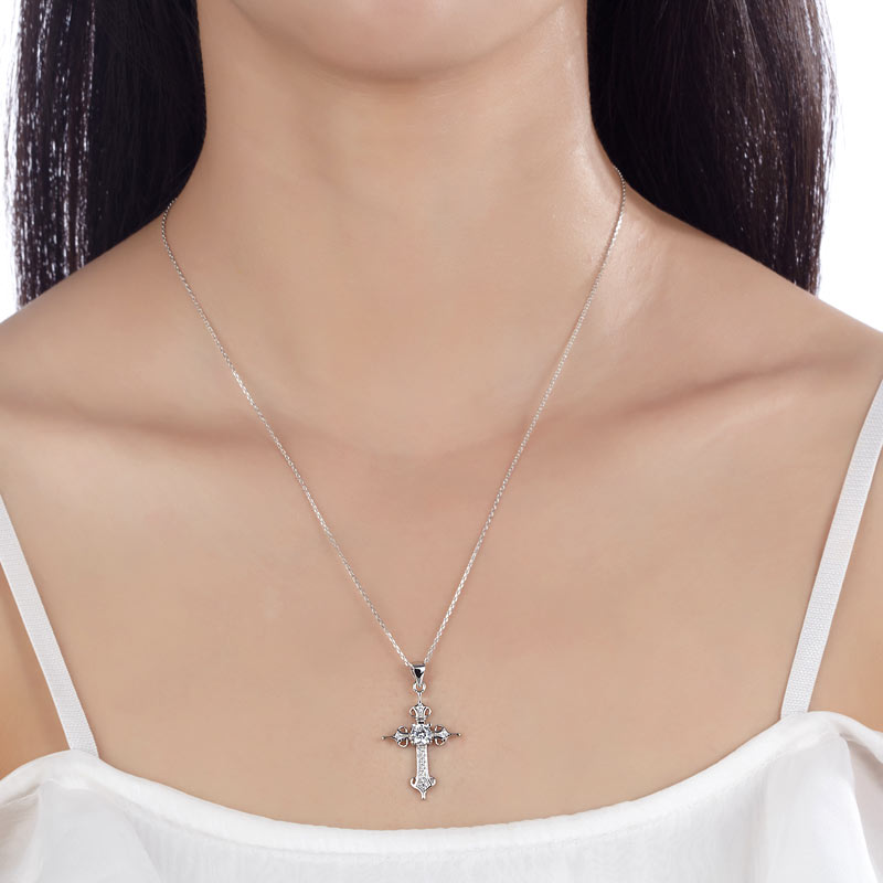 925 Sterling Silver Cross Pendant Necklace Round Cut Created Diamond