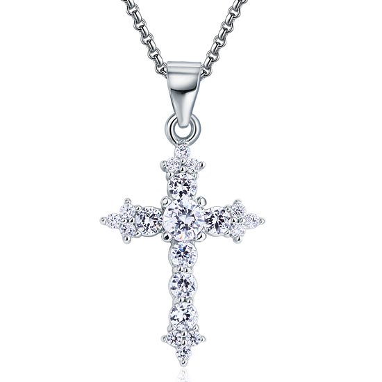 Round Cut Created  Diamond 925 Sterling Silver Cross Pendant Necklace