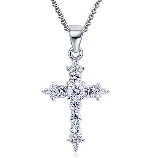 Round Cut Created  Diamond 925 Sterling Silver Cross Pendant Necklace
