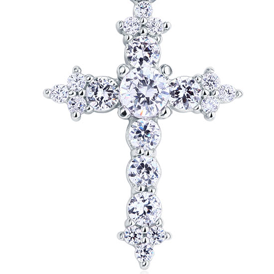 Round Cut Created  Diamond 925 Sterling Silver Cross Pendant Necklace
