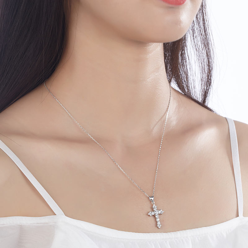 Round Cut Created  Diamond 925 Sterling Silver Cross Pendant Necklace