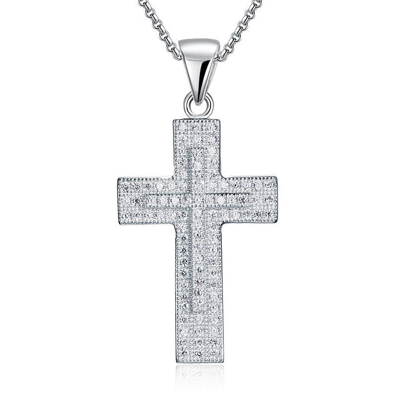 Micro Setting Cubic Zirconia 925 Sterling Silver Cross Pendant Necklace
