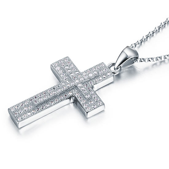 Micro Setting Cubic Zirconia 925 Sterling Silver Cross Pendant Necklace