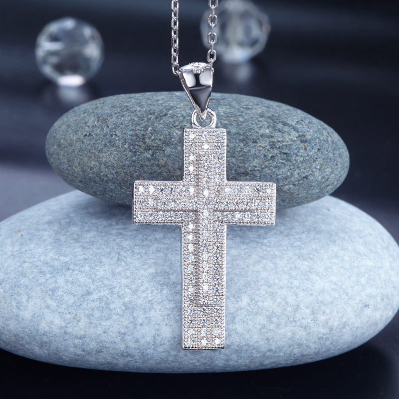 Micro Setting Cubic Zirconia 925 Sterling Silver Cross Pendant Necklace