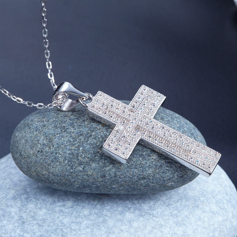 Micro Setting Cubic Zirconia 925 Sterling Silver Cross Pendant Necklace