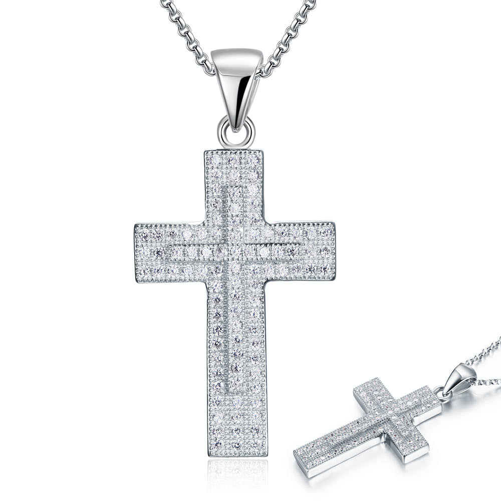 Micro Setting Cubic Zirconia 925 Sterling Silver Cross Pendant Necklace
