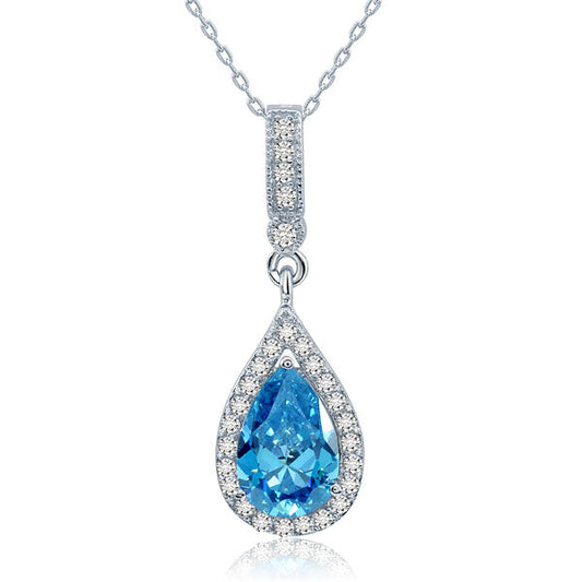 925 Sterling Silver Bridesmaid Blue Pendant Necklace Bridal Wedding Tear Drop