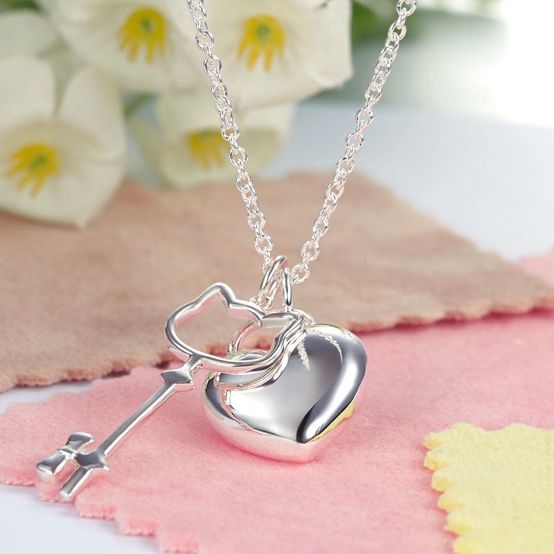 Kids Girl Heart Key Pendant Necklace 925 Sterling Silver Children Jewelry