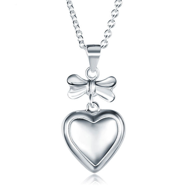 Kids Girl Ribbon Heart Pendant Necklace 925 Sterling Silver Children Jewelry