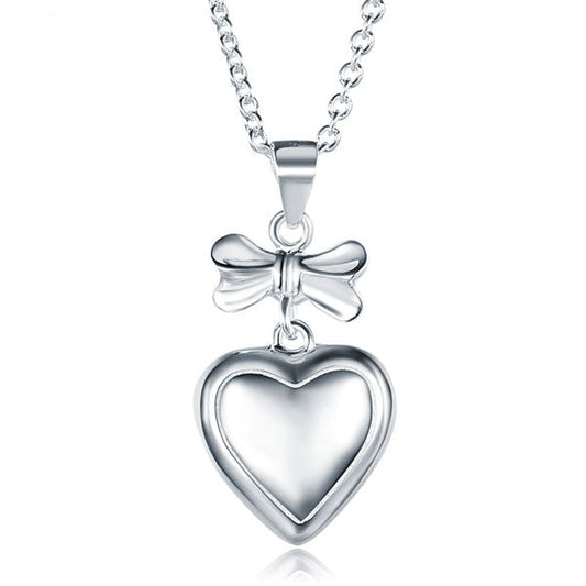 Kids Girl Ribbon Heart Pendant Necklace 925 Sterling Silver Children Jewelry