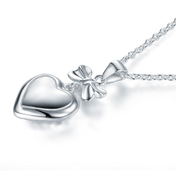 Kids Girl Ribbon Heart Pendant Necklace 925 Sterling Silver Children Jewelry