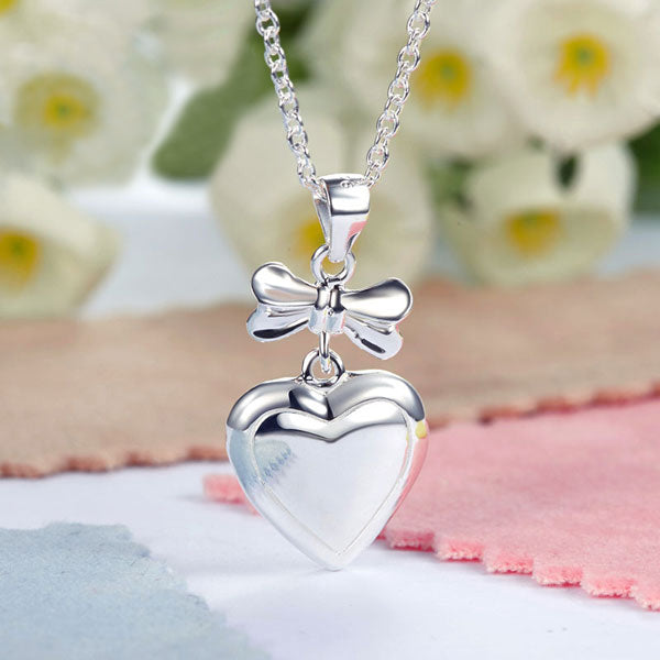 Kids Girl Ribbon Heart Pendant Necklace 925 Sterling Silver Children Jewelry