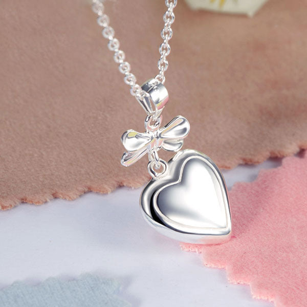 Kids Girl Ribbon Heart Pendant Necklace 925 Sterling Silver Children Jewelry