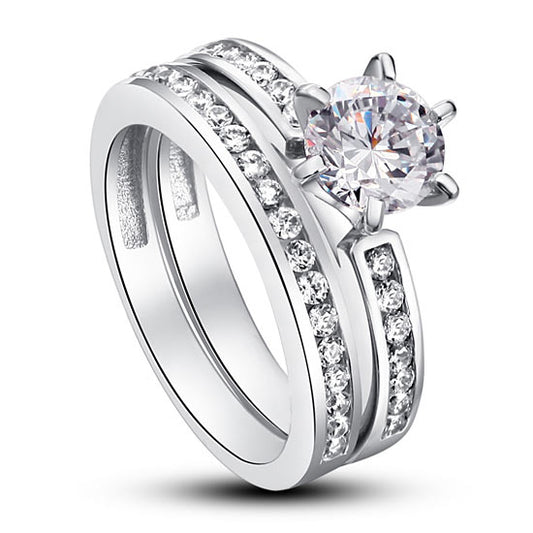 1 Carat Round Cut Created Diamond 925 Sterling Silver 2-Pc Wedding Engagement Ring Set