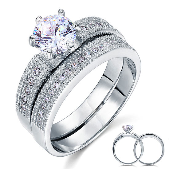 Vintage Style 1.25  Solitaire Created Diamond Solid Sterling 925 Silver 2-Pc Bridal Wedding Engagement Ring Set