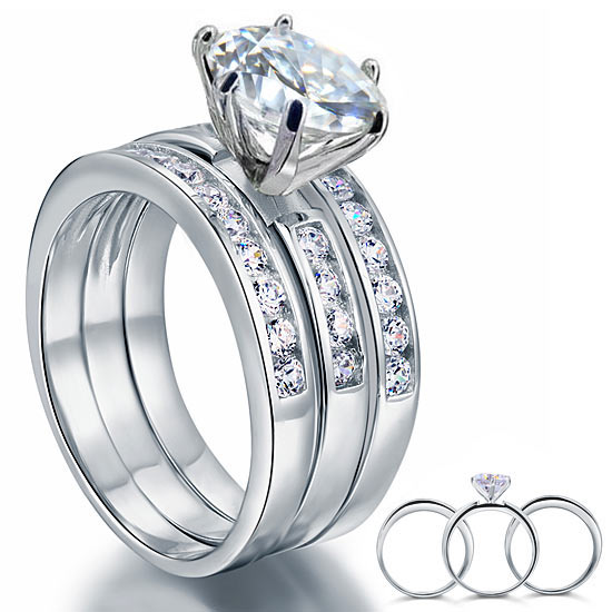2 Ct Created Diamond 925 Sterling Silver Wedding Engagement Ring Set 3-Pcs