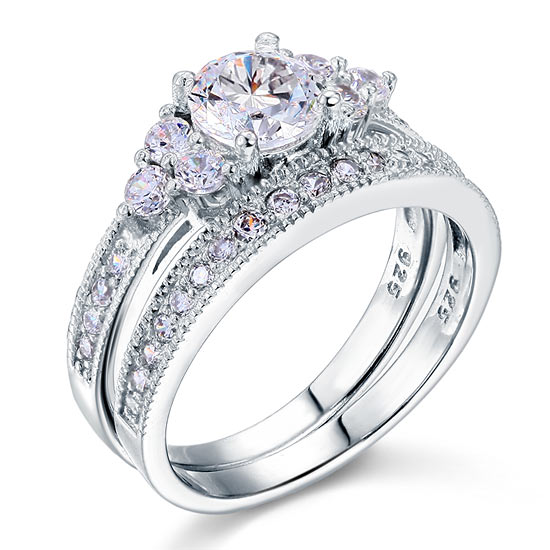Vintage Style 1 Carat Created Diamond Solid Sterling 925 Silver 2-Pc Wedding Engagement Ring Set