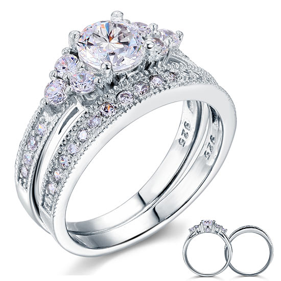 Vintage Style 1 Carat Created Diamond Solid Sterling 925 Silver 2-Pc Wedding Engagement Ring Set