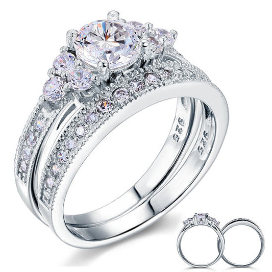 Vintage Style 1 Carat Created Diamond Solid Sterling 925 Silver 2-Pc Wedding Engagement Ring Set