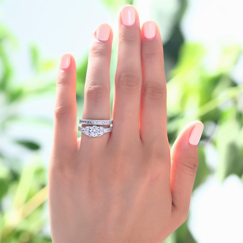 Vintage Style 1 Carat Created Diamond Solid Sterling 925 Silver 2-Pc Wedding Engagement Ring Set