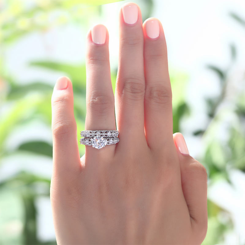 Vintage Style Victorian Art Deco 1.25 Carat Created Diamond Solid Sterling 925 Silver 2-Pcs Wedding Engagement Ring Set