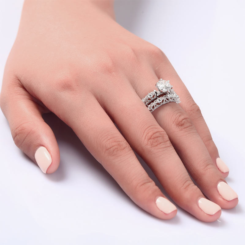 Vintage Style Victorian Art Deco 1.25 Carat Created Diamond Solid Sterling 925 Silver 2-Pcs Wedding Engagement Ring Set