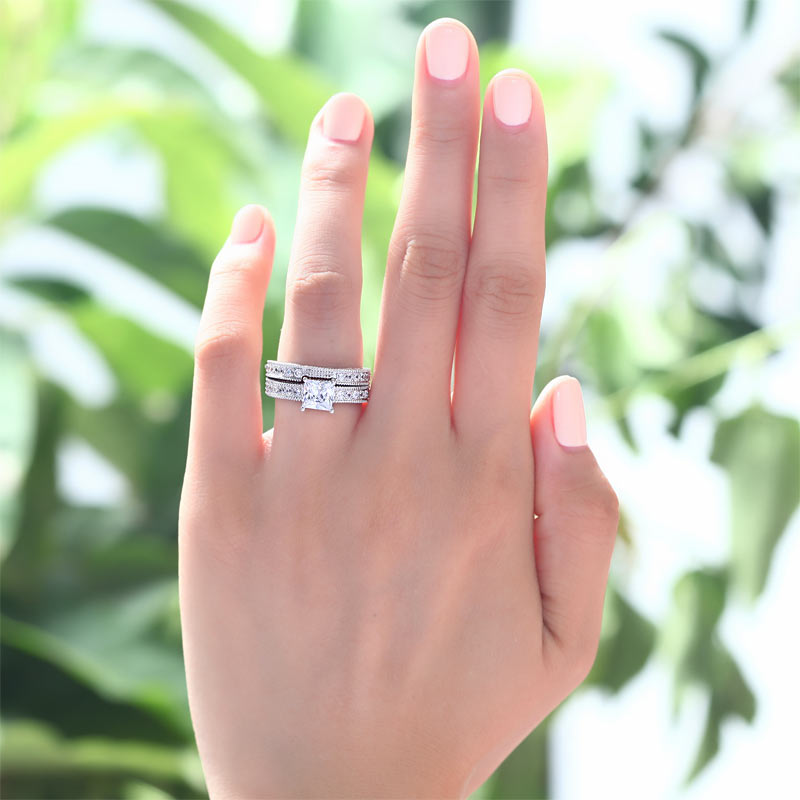 Vintage Style Victorian Art Deco 1 Carat Created Diamond Solid Sterling 925 Silver 2-Pc Wedding Engagement Ring Set