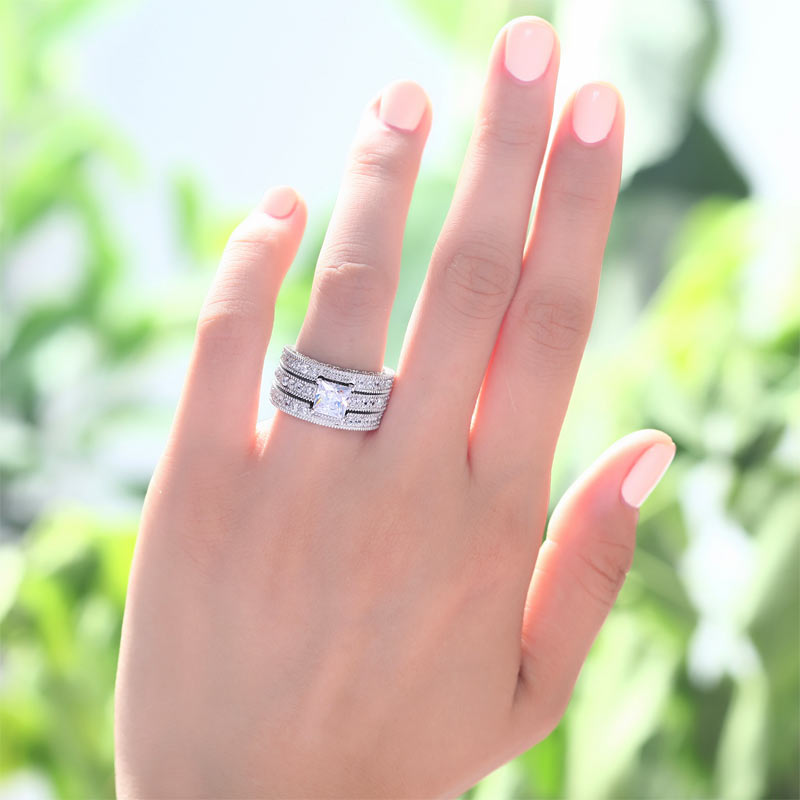 Vintage Style Victorian Art Deco 1 Carat Created Diamond Solid Sterling 925 Silver 2-Pc Wedding Engagement Ring Set