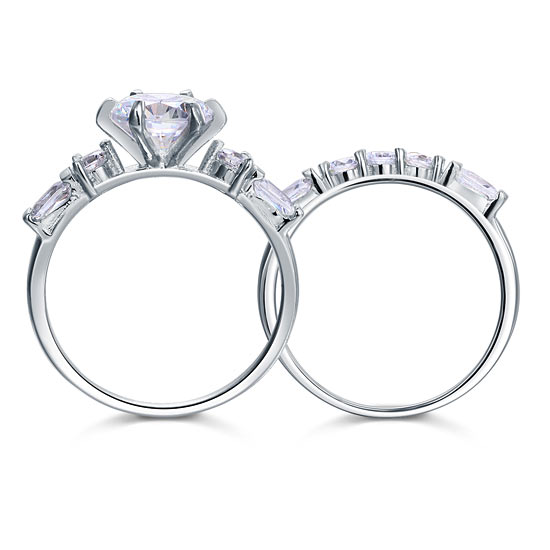 Vintage Style 2 Carat Created Diamond Solid Sterling 925 Silver 2-Pc Wedding Engagement Ring Set