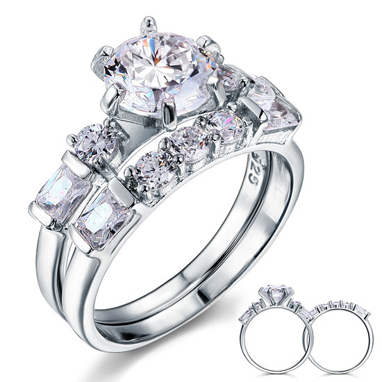 Vintage Style 2 Carat Created Diamond Solid Sterling 925 Silver 2-Pc Wedding Engagement Ring Set