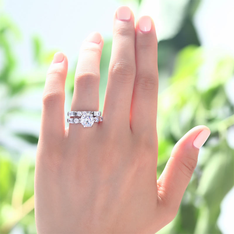 Vintage Style 2 Carat Created Diamond Solid Sterling 925 Silver 2-Pc Wedding Engagement Ring Set