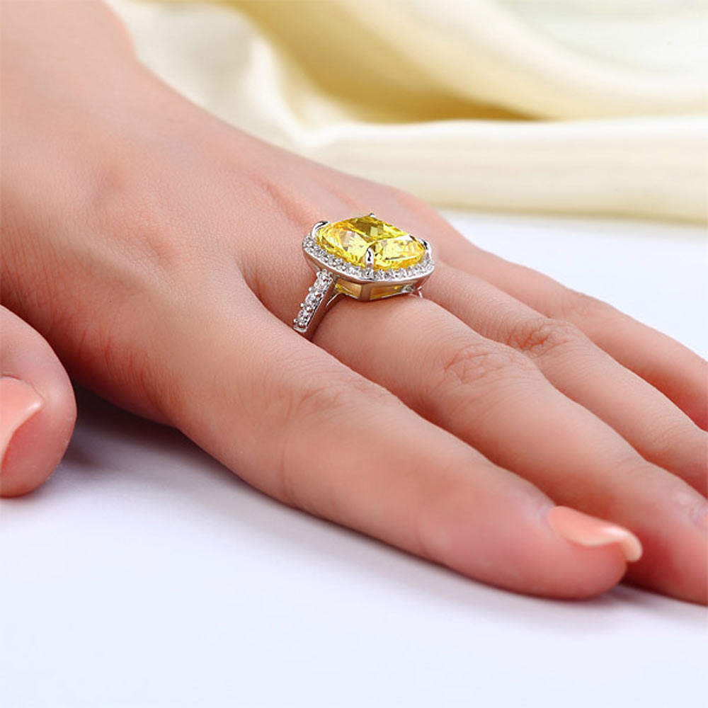 Solid 925 Sterling Silver Luxury Engagement Ring 6 ct Cushion Cut Yellow Sapphire