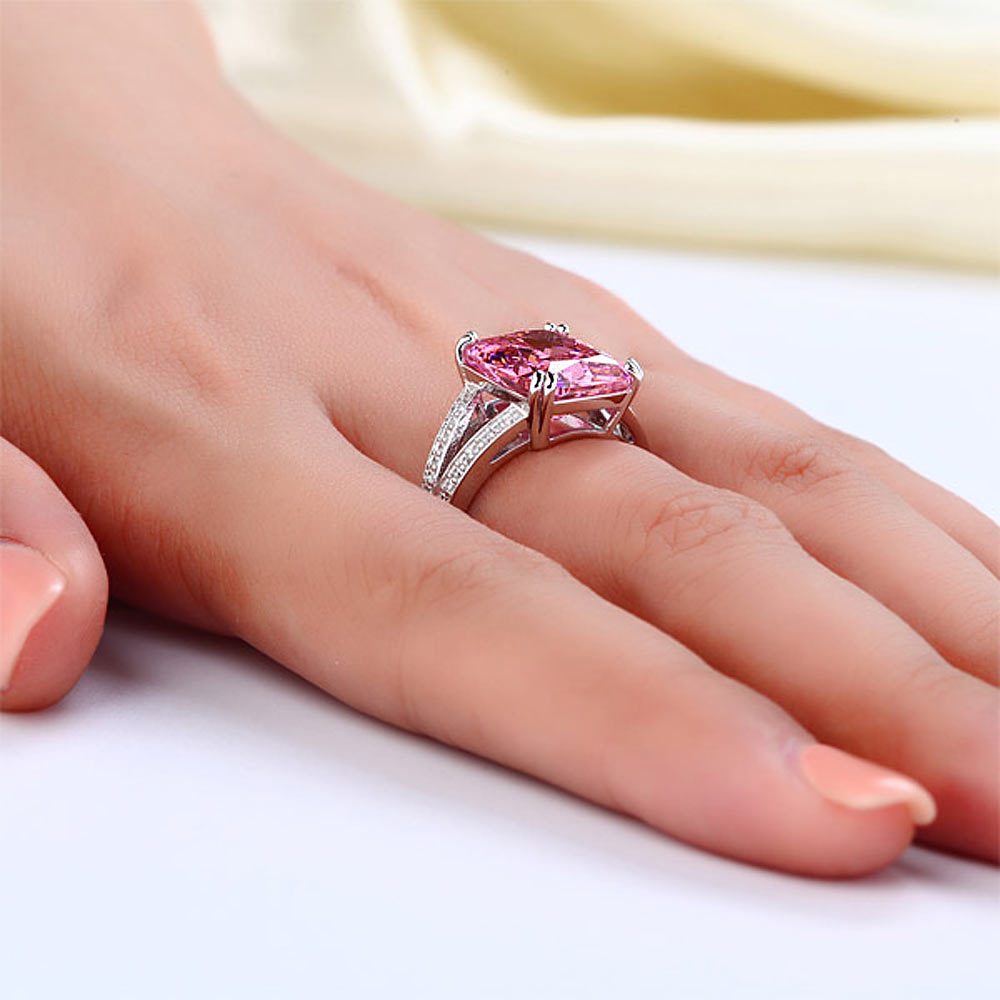 925 Sterling Silver Luxury Ring 6 Carat Fancy Pink Created Diamond Radiant Cut