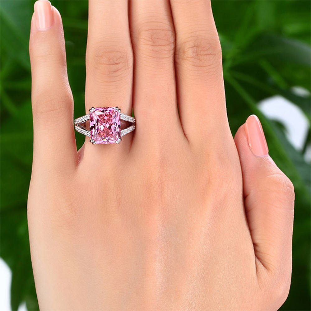 925 Sterling Silver Luxury Ring 6 Carat Fancy Pink Created Diamond Radiant Cut