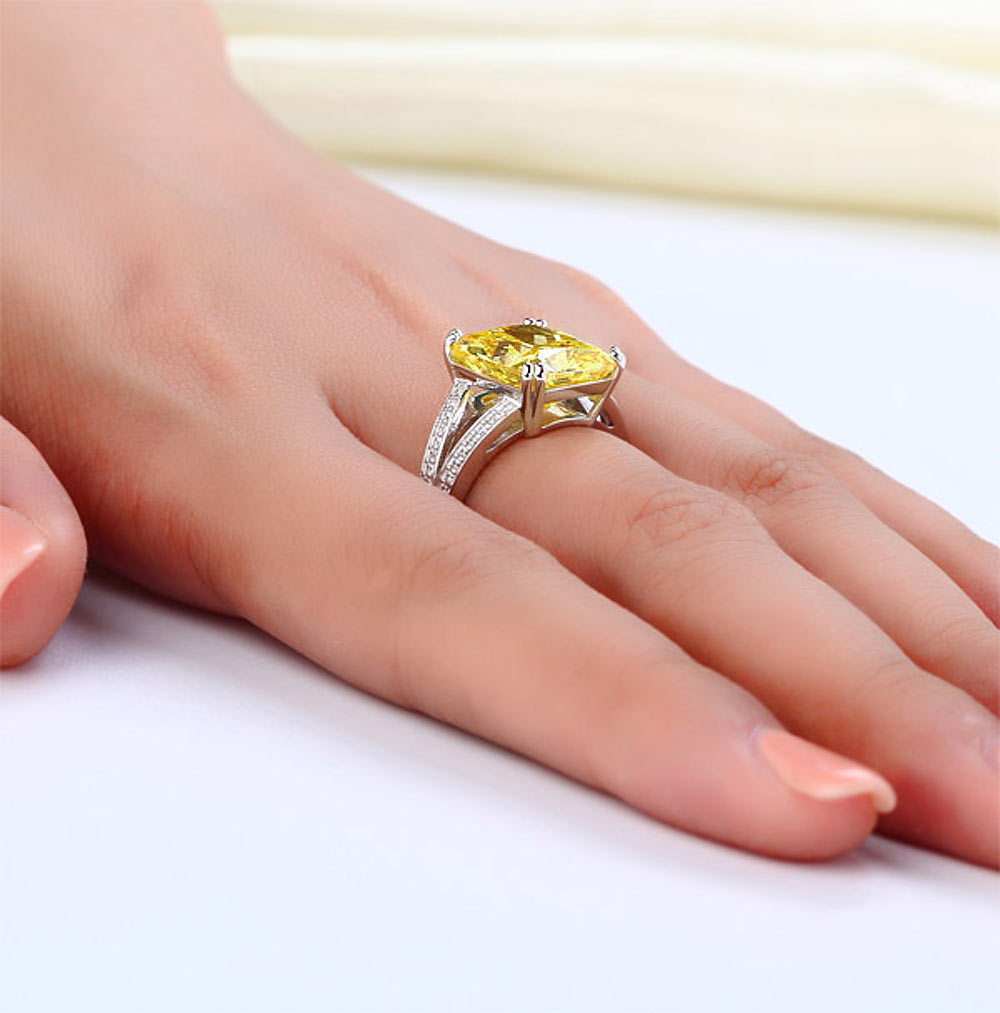 925 Sterling Silver Luxury Ring 6 Carat Fancy Yellow Created Diamond Radiant Cut