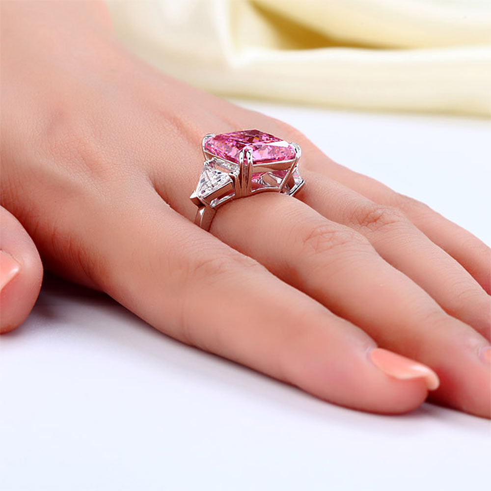 925 Sterling Silver Three-Stone Luxury Ring 8 Carat Fancy Pink Sapphire Ring