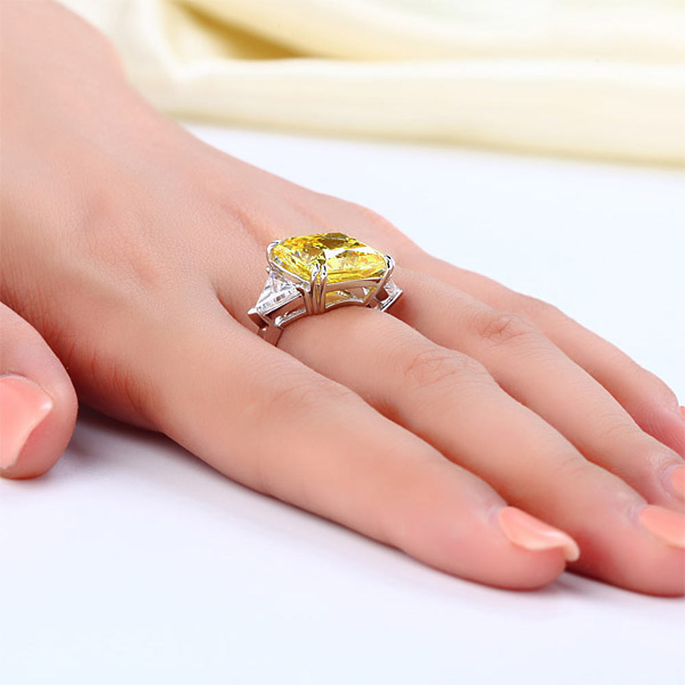 Solid 925 Sterling Silver Three-Stone Luxury Ring 8 Carat Yellow Canary Sapphire