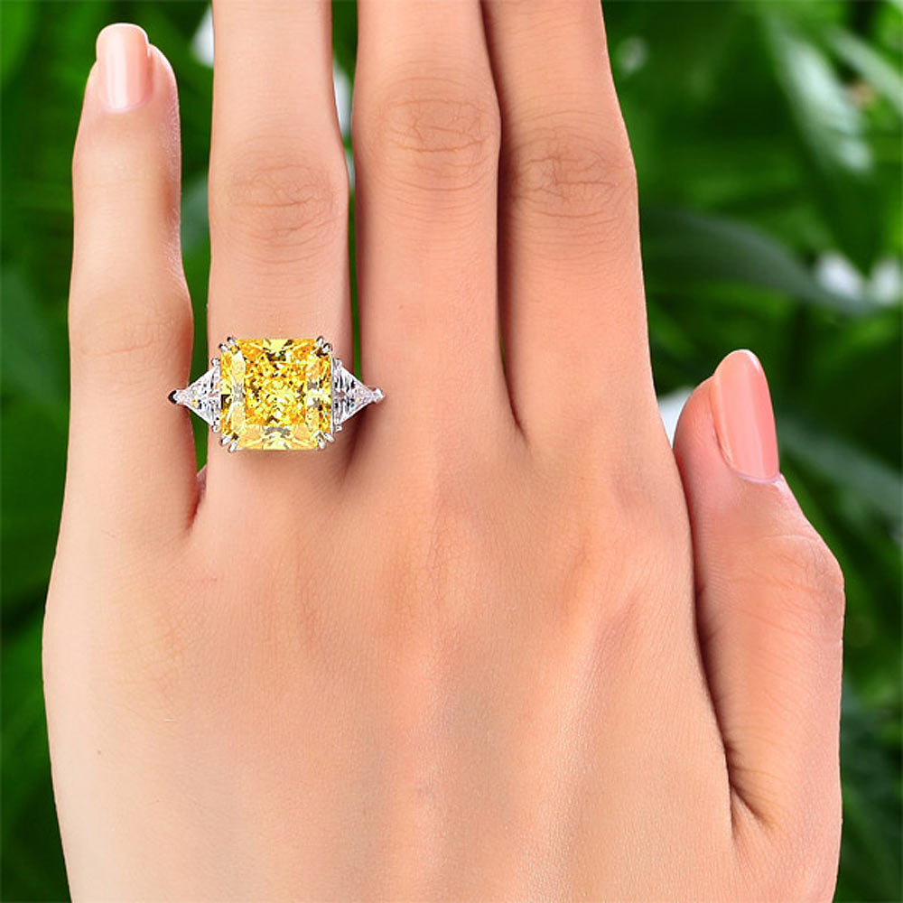 Solid 925 Sterling Silver Three-Stone Luxury Ring 8 Carat Yellow Canary Sapphire