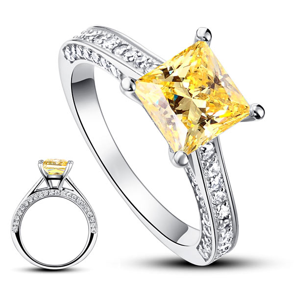 1.5 Carat Princess Cut Yellow Canary Created Diamond 925 Sterling Silver Wedding Engagement Ring