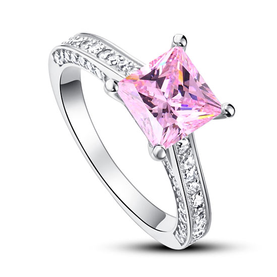 1.5 Carat Princess Cut Fancy Pink Created Diamond 925 Sterling Silver Wedding Engagement Ring