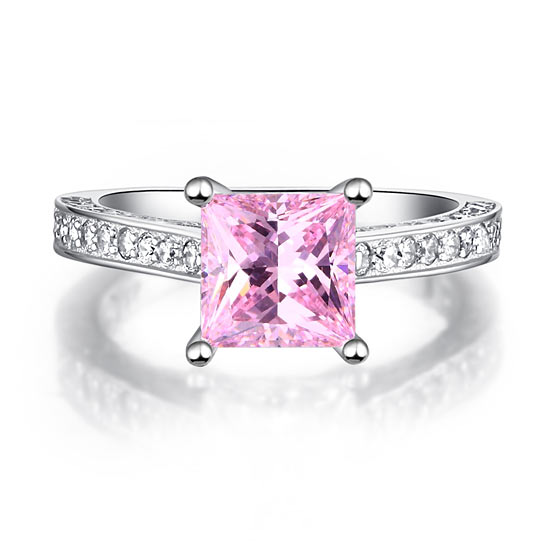 1.5 Carat Princess Cut Fancy Pink Created Diamond 925 Sterling Silver Wedding Engagement Ring