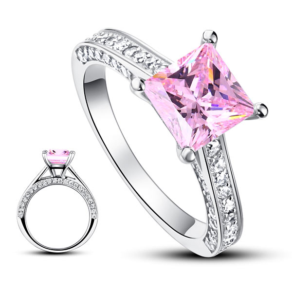 1.5 Carat Princess Cut Fancy Pink Created Diamond 925 Sterling Silver Wedding Engagement Ring